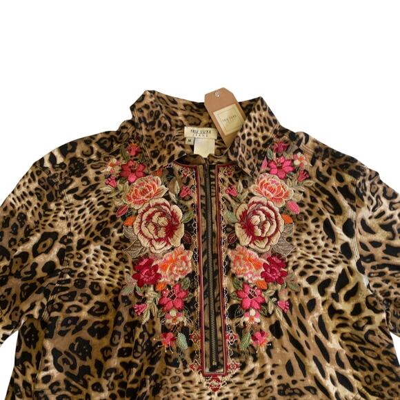 Tru Luxe Jeans Womens Size M Leopard Floral 1/2 Zip Embroidered Tunic Top Blouse - Picture 6 of 16